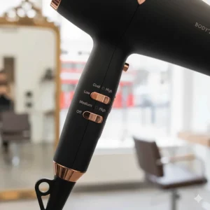 Detailed view of the variable temperature and speed control switches on a professional-grade blow dryer.