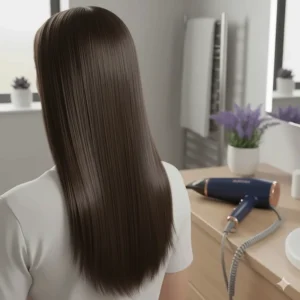 A person with shiny, smooth hair after using a professional-standard hair dryer under £100 for a home blow-dry.