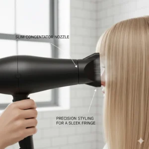 A slim concentrator nozzle being used for precision styling and smoothing a fringe on fine, straight hair.