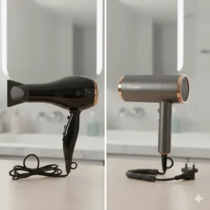 A side-by-side comparison of a bulky standard dryer and a sleek foldable hair dryer, highlighting the significant reduction in size.