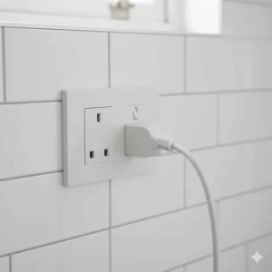 A professional-grade hair dryer power cable connected to a standard white UK three-pin wall socket.