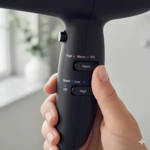 Close-up of a hairdryer handle showing multiple heat and speed control switches for customising airflow.