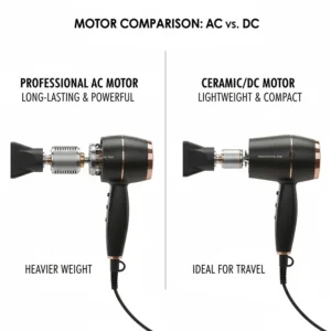 Side-by-side comparison of a heavy-duty professional AC motor and a lightweight ceramic DC motor for different hair drying needs.