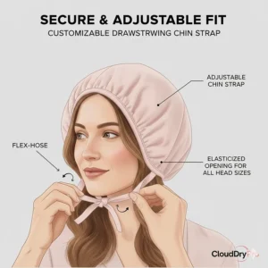 Close-up illustration of the adjustable chin strap and drawstring on the hooded bonnet to ensure a secure fit during use.