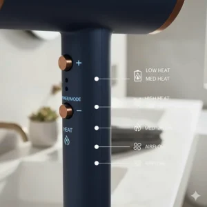 Graphic showing the various heat and airflow settings on a cordless hairdryer handle.