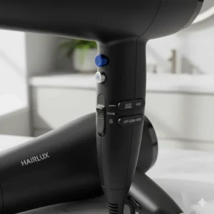 Close-up of the variable heat and speed buttons on a British-standard professional hair dryer.