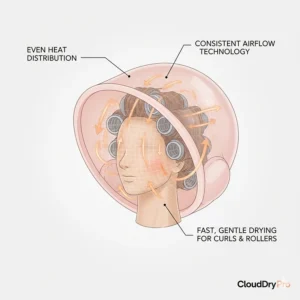 Graphic showing even airflow and heat distribution inside the hooded bonnet for consistent drying of curls and rollers.