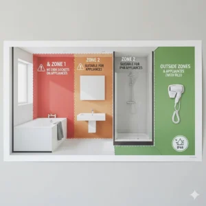 Diagram showing safe installation zones for a wall mounted hair dryer in a UK bathroom.
