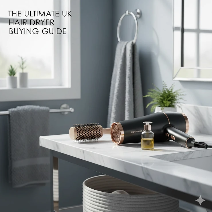 A professional-grade ionic hair dryer and styling brush on a marble vanity, providing a complete hair dryer buying guide for UK consumers. hair dryer buying guide