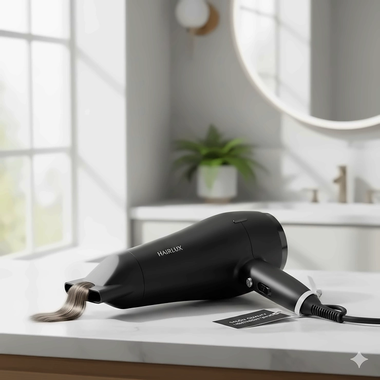 A high-end lightweight professional hair dryer in matte black, positioned against a minimalist background. lightweight professional hair dryer
