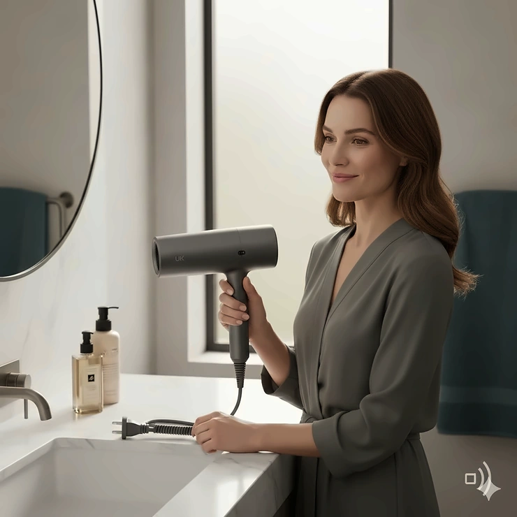 A person using a quietest hair dryer in a modern British bathroom with soft, natural morning light. quietest hair dryer