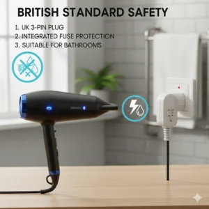 Safety guide featuring a UK three-pin plug and integrated fuse protection, meeting British safety standards for bathroom use.