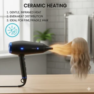 Visual guide to ceramic heating, showing gentle infrared heat distribution ideal for protecting fine and fragile hair.