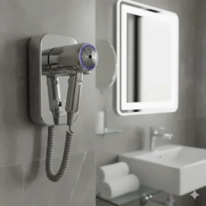 Sleek chrome-finish wall mounted hair dryer matching modern British bathroom fixtures.