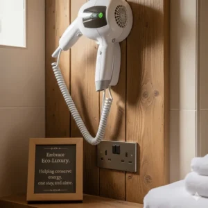 Close-up of a wall mounted hair dryer with an extendable coiled cable for tidy storage.