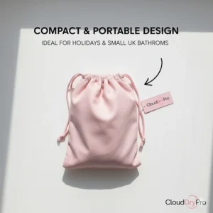 The portable hooded hair dryer folded neatly into a compact travel pouch, ideal for holidays and small UK bathrooms.