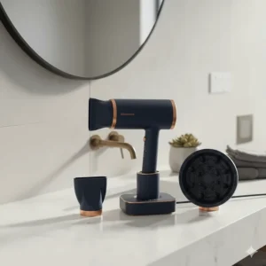 A cordless hair dryer shown with its magnetic concentrator nozzle and diffuser attachments.