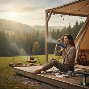 Using a battery-powered cordless hair dryer while glamping in the British countryside.