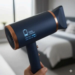 Close-up of a cordless hair dryer LED display showing long-lasting battery life for full styling.
