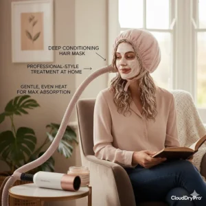 A supporting illustration of the portable hooded hair dryer being used for a professional-style deep conditioning hair mask treatment.