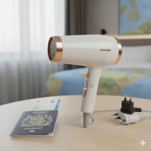 A diagram showing the dual voltage switch on a mini hair dryer, ideal for international holidays.