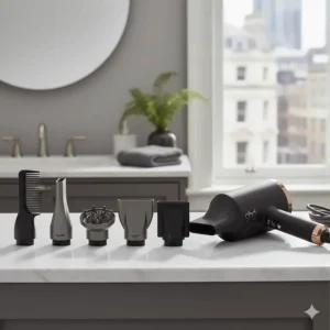 Various magnetic Dyson styling attachments compared to the ghd contoured precision nozzle.