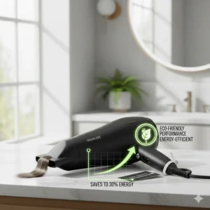 A modern, energy-efficient lightweight professional hair dryer, highlighting eco-friendly performance features.