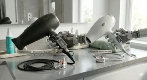 A technical illustration showing the ergonomic balance and weight distribution of a professional salon dryer compared to the front-heavy design of a regular dryer.