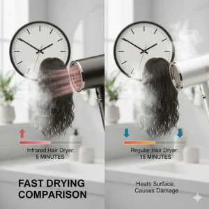 A graphic comparing drying times for thick hair using an infrared hair dryer vs regular models to highlight efficiency.
