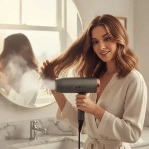 A person drying thick hair quickly with a powerful salon-quality motor for home use.