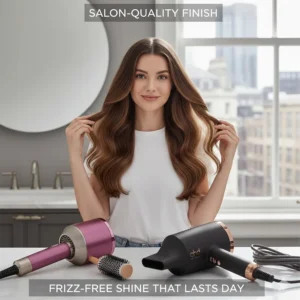 A model with shiny, frizz-free hair after using a professional hairdryer to achieve a sleek salon finish.