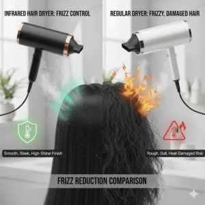 Visual representation of before and after frizz levels when using an infrared hair dryer versus a regular high-heat dryer.
