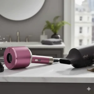 Close-up of the temperature control buttons and heat settings on ghd and Dyson hair dryers.