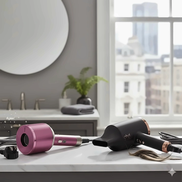 A side-by-side comparison of the Dyson Supersonic and the ghd Helios professional hair dryer on a marble vanity. GHD vs Dyson hair dryer