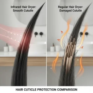 Detailed diagram of a smooth hair cuticle after infrared drying versus a heat-damaged cuticle from a standard hairdryer.