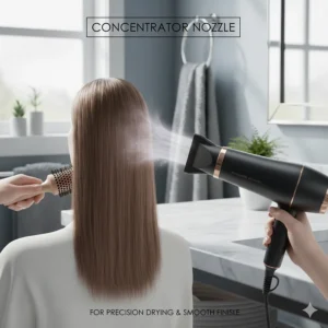 A slim concentrator nozzle attachment being used with a round brush for precision drying and a smooth salon-style blow-dry.