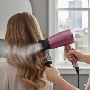A person using the cool shot button on a ghd hairdryer to set a bouncy blowout for a salon-quality finish.