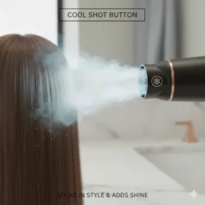 A person using the cool shot button on a hair dryer to set their hairstyle and add a healthy shine to the hair.