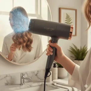 Using the cool shot button on a professional-grade dryer to set a hairstyle in place.