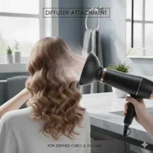 Large diffuser attachment being used on wavy hair to define natural curls and add volume without creating frizz.
