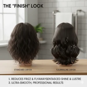 Side-by-side comparison of a standard blow-dry versus the smooth, professional results achieved with a tourmaline dryer.