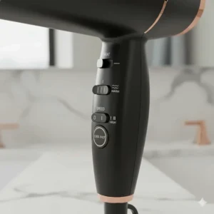 Close-up of adjustable heat and speed settings on a hair dryer handle for customised styling and temperature control.