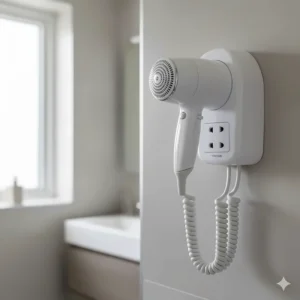 A wall mounted hair dryer featuring an integrated dual-voltage shaver socket.