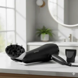 A lightweight professional hair dryer displayed with its concentrator nozzle and diffuser attachments for different hair types.