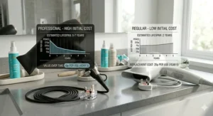 A financial infographic showing the long-term value and 5-7 year lifespan of a professional hairdryer compared to the frequent replacement costs of a regular model.