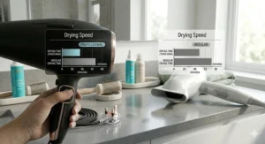An infographic chart displayed on a hairdryer screen comparing the significantly faster drying times for thick hair using a professional motor versus a regular model.