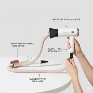 Illustration demonstrating how to securely attach the universal hooded bonnet hose to a standard British handheld hair dryer.