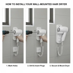 Step-by-step illustration of fixing a hair dryer bracket to a tiled bathroom wall.