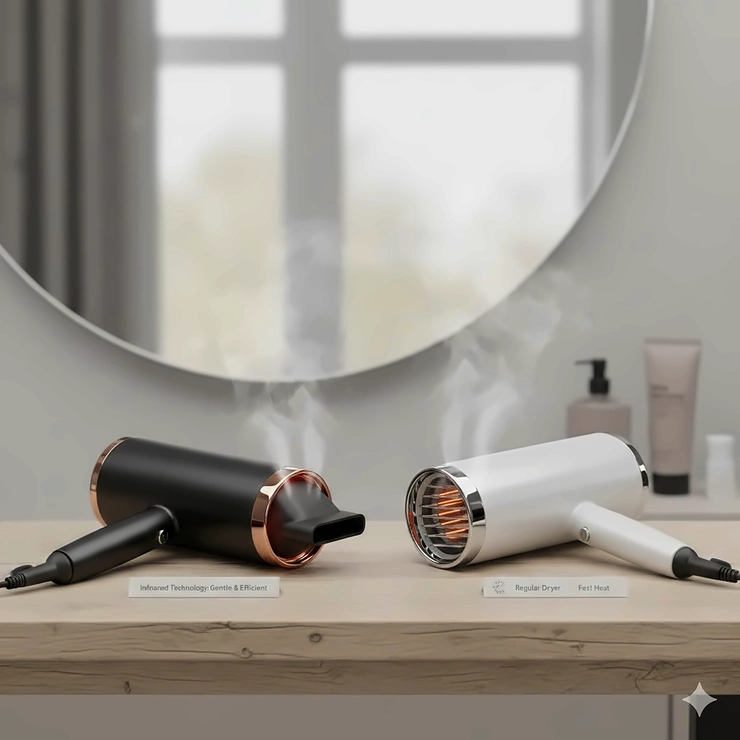 A side-by-side comparison of a modern infrared hair dryer and a regular ionic hair dryer, showing the different heating elements and sleek British salon styling. infrared hair dryer vs regular