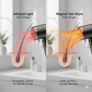 Illustration showing how infrared light penetrates the hair shaft for gentle drying compared to the surface heat of a regular dryer.